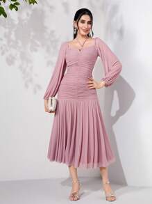 Modelyn Vestido largo de noche con cuello palabra de honor, drapeado de volantes y tela de malla - Rosa vieja - Ver 3