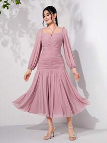 Modelyn Vestido largo de noche con cuello palabra de honor, drapeado de volantes y tela de malla - Rosa vieja - Ver 5