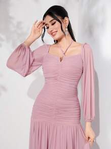 Modelyn Vestido largo de noche con cuello palabra de honor, drapeado de volantes y tela de malla - Rosa vieja - Ver 6