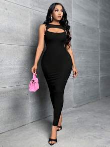 Slaydiva Đầm Cắt ra màu trơn Gợi cảm - màu đen - Xem 3