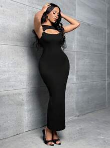 Slaydiva Đầm Cắt ra màu trơn Gợi cảm - màu đen - Xem 4