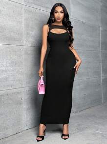 Slaydiva Đầm Cắt ra màu trơn Gợi cảm - màu đen - Xem 5