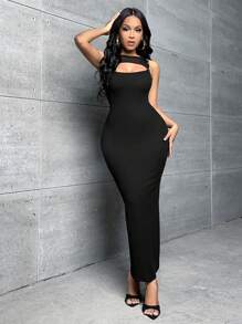 Slaydiva Đầm Cắt ra màu trơn Gợi cảm - màu đen - Xem 7