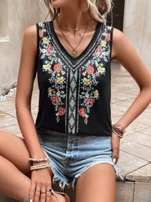 SHEIN LUNE Áo khoác và áo lót dành cho xe tăng nữ Hoa Bộ lạc Boho - màu đen - Xem 2