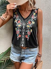 SHEIN LUNE Áo khoác và áo lót dành cho xe tăng nữ Hoa Bộ lạc Boho - màu đen - Xem 5