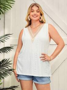 SHEIN LUNE Plus cu dantelă contrastată cu decolteu în V Schiffy - alb - Vizualizare 3