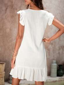 SHEIN VCAY 荷葉邊前紐扣娃娃裙 - 白色 - 查看 2