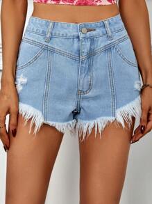 SHEIN Essnce Ripped Raw Hem Denim Shorts - Light Wash - View 4
