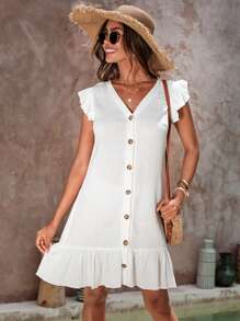 SHEIN VCAY 荷葉邊前紐扣娃娃裙 - 白色 - 查看 4
