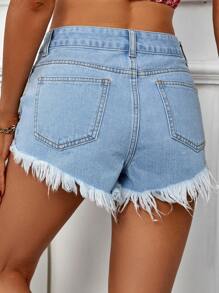 SHEIN Essnce Ripped Raw Hem Denim Shorts - Light Wash - View 2
