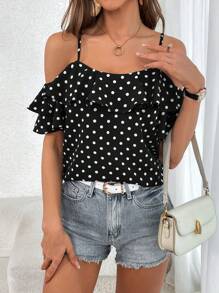 SHEIN Privé Blusa de lunares de hombros descubiertos ribete con fruncido - Negro - Ver 4