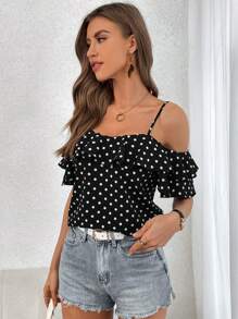 SHEIN Privé Blusa de lunares de hombros descubiertos ribete con fruncido - Negro - Ver 5