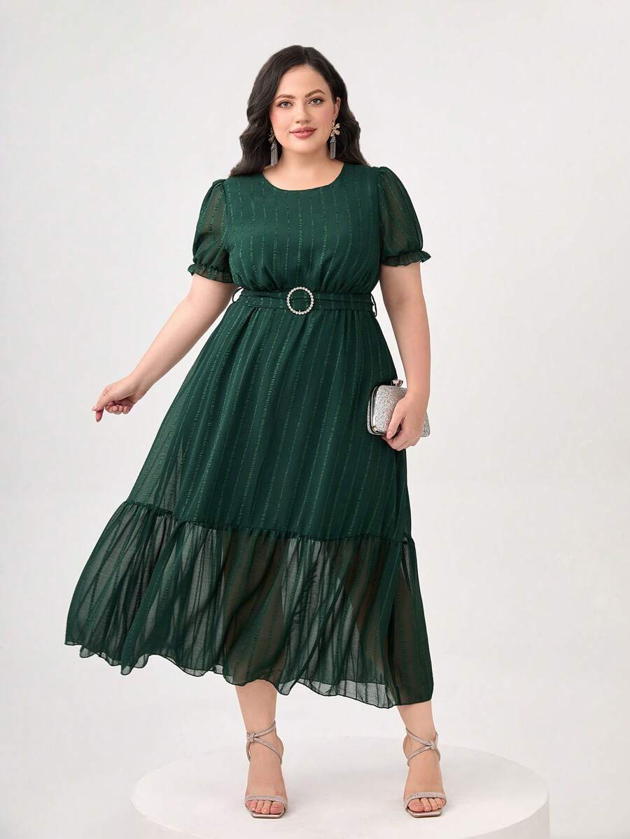 Modelyn Vestido con cinturón de manga farol bajo con fruncido - Verde Oscuro - Ver 1