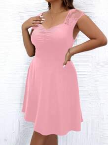 Celure Plus Contrast Lace Sweetheart Neck Ruched Bust Dress - Pink - View 3