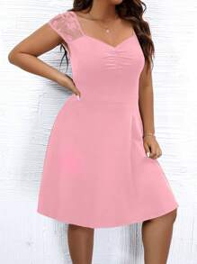 Celure Plus Contrast Lace Sweetheart Neck Ruched Bust Dress - Pink - View 4
