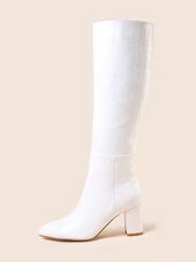 側拉鍊優雅鱷魚紋女士時尚靴子 - 白色 - 查看 3