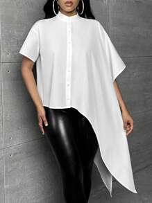 Slaydiva Camisa unicolor bajo asimétrico con botón delantero - Blanco - Ver 4