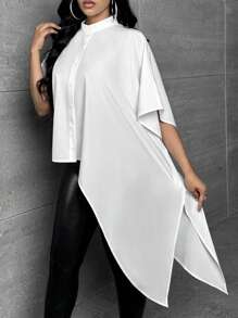Slaydiva Camisa unicolor bajo asimétrico con botón delantero - Blanco - Ver 5