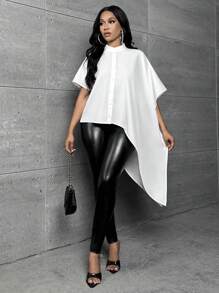 Slaydiva Camisa unicolor bajo asimétrico con botón delantero - Blanco - Ver 6