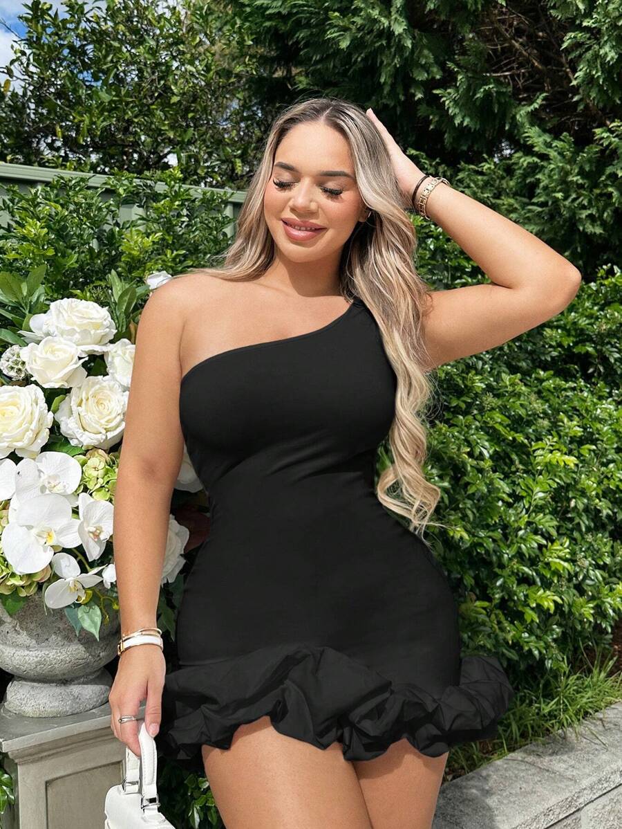 SHEIN SXY 單肩荷葉邊緊身洋裝 - 黑色 - 查看 1