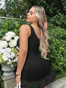 SHEIN SXY 單肩荷葉邊緊身洋裝 - 黑色 - 查看 2