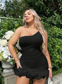 SHEIN SXY 單肩荷葉邊緊身洋裝 - 黑色 - 查看 3