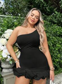 SHEIN SXY 單肩荷葉邊緊身洋裝 - 黑色 - 查看 4