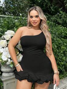 SHEIN SXY 單肩荷葉邊緊身洋裝 - 黑色 - 查看 5