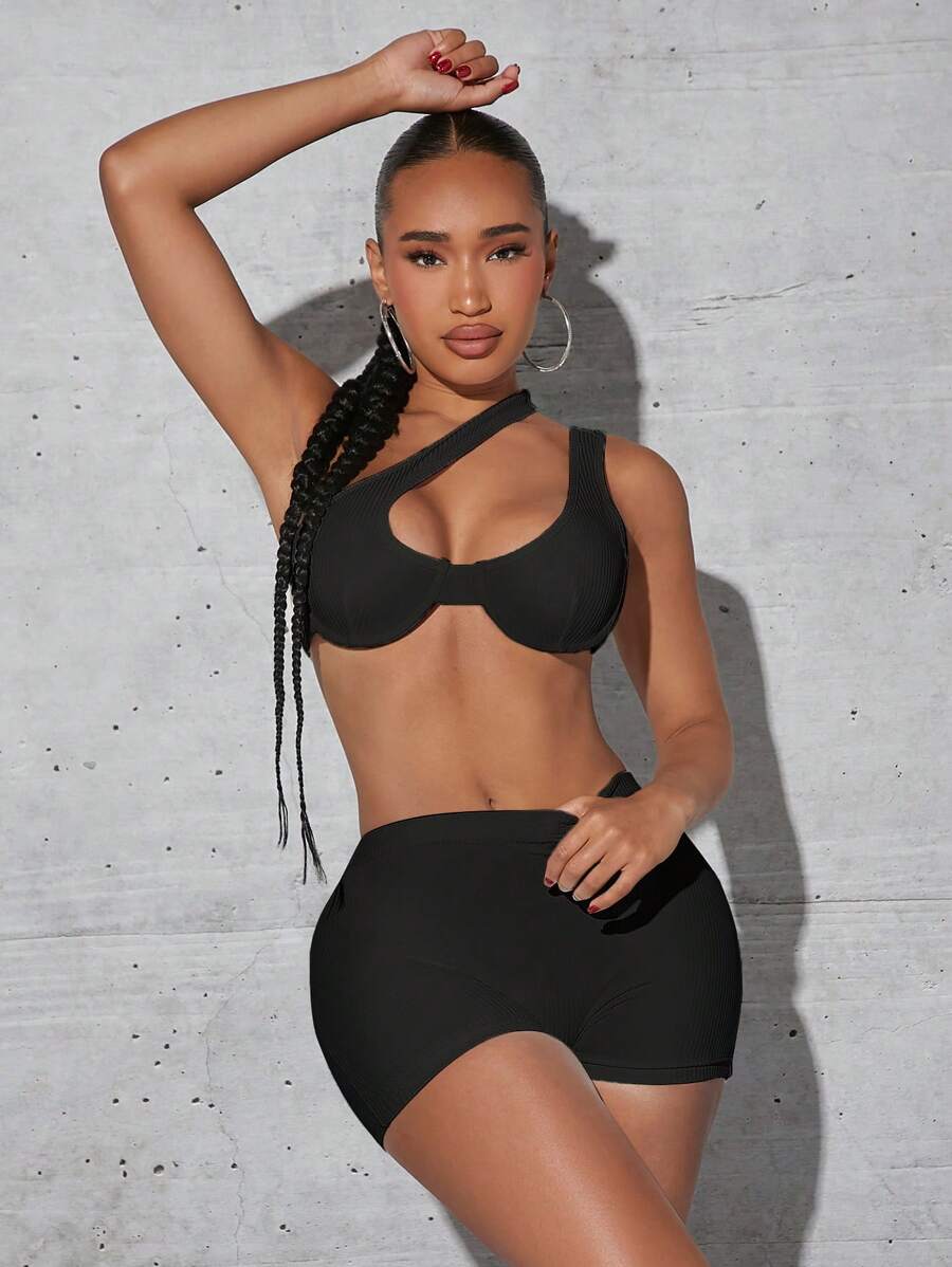 SHEIN SXY One Shoulder Crop Top & Cycling Shorts - Black - View 1