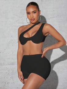 SHEIN SXY One Shoulder Crop Top & Cycling Shorts - Black - View 3