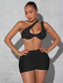 SHEIN SXY One Shoulder Crop Top & Cycling Shorts - Black - View 7