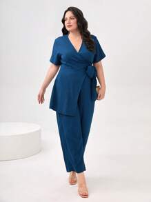 Mulvari Plus Solid Wrap Top & Trousers - Blue - View 1