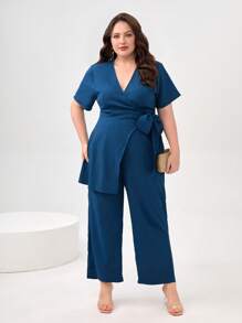 Mulvari Plus Solid Wrap Top & Trousers - Blue - View 3