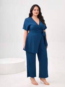Mulvari Plus Solid Wrap Top & Trousers - Blue - View 4