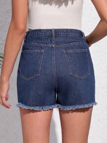 SHEIN Quần short denim dành cho bà bầu Túi Hem thô màu trơn - Rửa tối - Xem 2