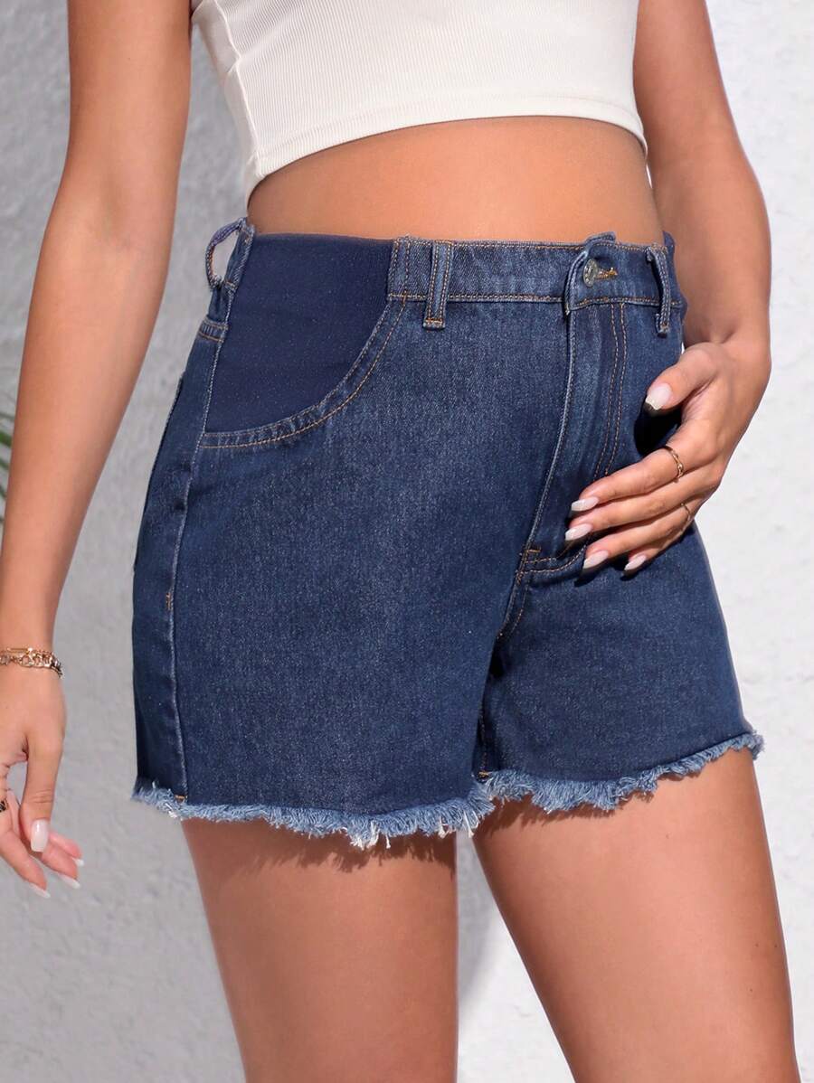 SHEIN Quần short denim dành cho bà bầu Túi Hem thô màu trơn - Rửa tối - Xem 1