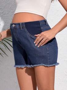 SHEIN Quần short denim dành cho bà bầu Túi Hem thô màu trơn - Rửa tối - Xem 5