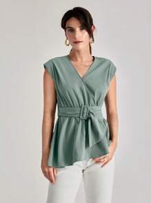 SHEIN Frenchy 素色腰帶圍裹女士襯衫 - 薄荷綠 - 查看 4