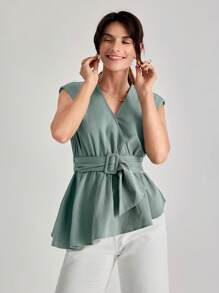 SHEIN Frenchy 素色腰帶圍裹女士襯衫 - 薄荷綠 - 查看 7