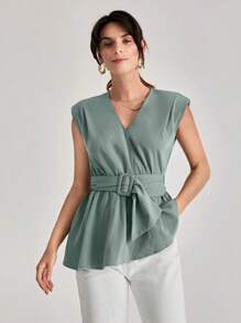 SHEIN Frenchy 素色腰帶圍裹女士襯衫 - 薄荷綠 - 查看 8