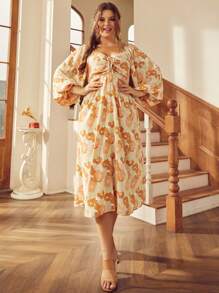 S BETRO 大碼滿版印花胸部褶皺燈籠袖連衣裙 - 杏色 - 查看 1