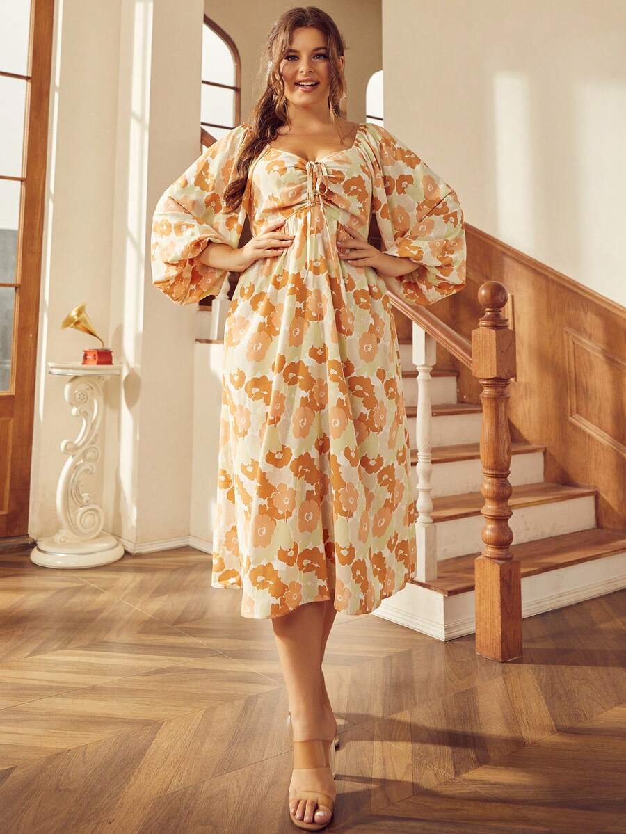 S BETRO 大碼滿版印花胸部褶皺燈籠袖連衣裙 - 杏色 - 查看 1