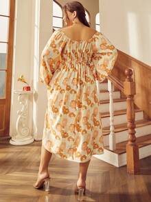 S BETRO 大碼滿版印花胸部褶皺燈籠袖連衣裙 - 杏色 - 查看 2