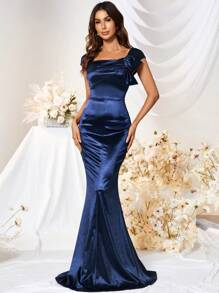 MUXXN 純色方領人魚擺款緞面連衣裙 - 藏蓝色 - 查看 1