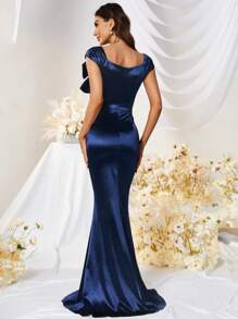 MUXXN 純色方領人魚擺款緞面連衣裙 - 藏蓝色 - 查看 2