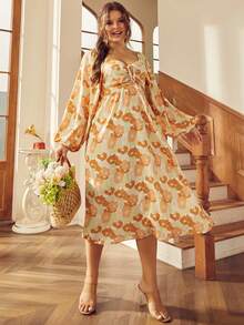 S BETRO 大碼滿版印花胸部褶皺燈籠袖連衣裙 - 杏色 - 查看 6