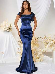 MUXXN 純色方領人魚擺款緞面連衣裙 - 藏蓝色 - 查看 5