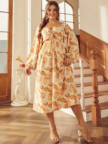 S BETRO 大碼滿版印花胸部褶皺燈籠袖連衣裙 - 杏色 - 查看 7