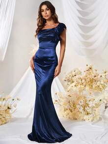 MUXXN 純色方領人魚擺款緞面連衣裙 - 藏蓝色 - 查看 6