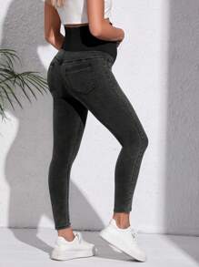 SHEIN Maternidad Jeans ajustados de cintura ancha - Gris Oscuro - Ver 2